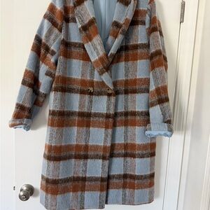 Lulu's Light Blue and Brown Plaid Double-Breasted Pea Coat